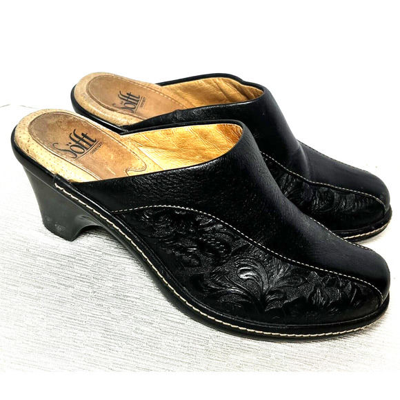 Sofft Clogs Tooled Leather Black Clogs Boho Bohemian Mules Slides Heels Sz 7.5 - Picture 1 of 8